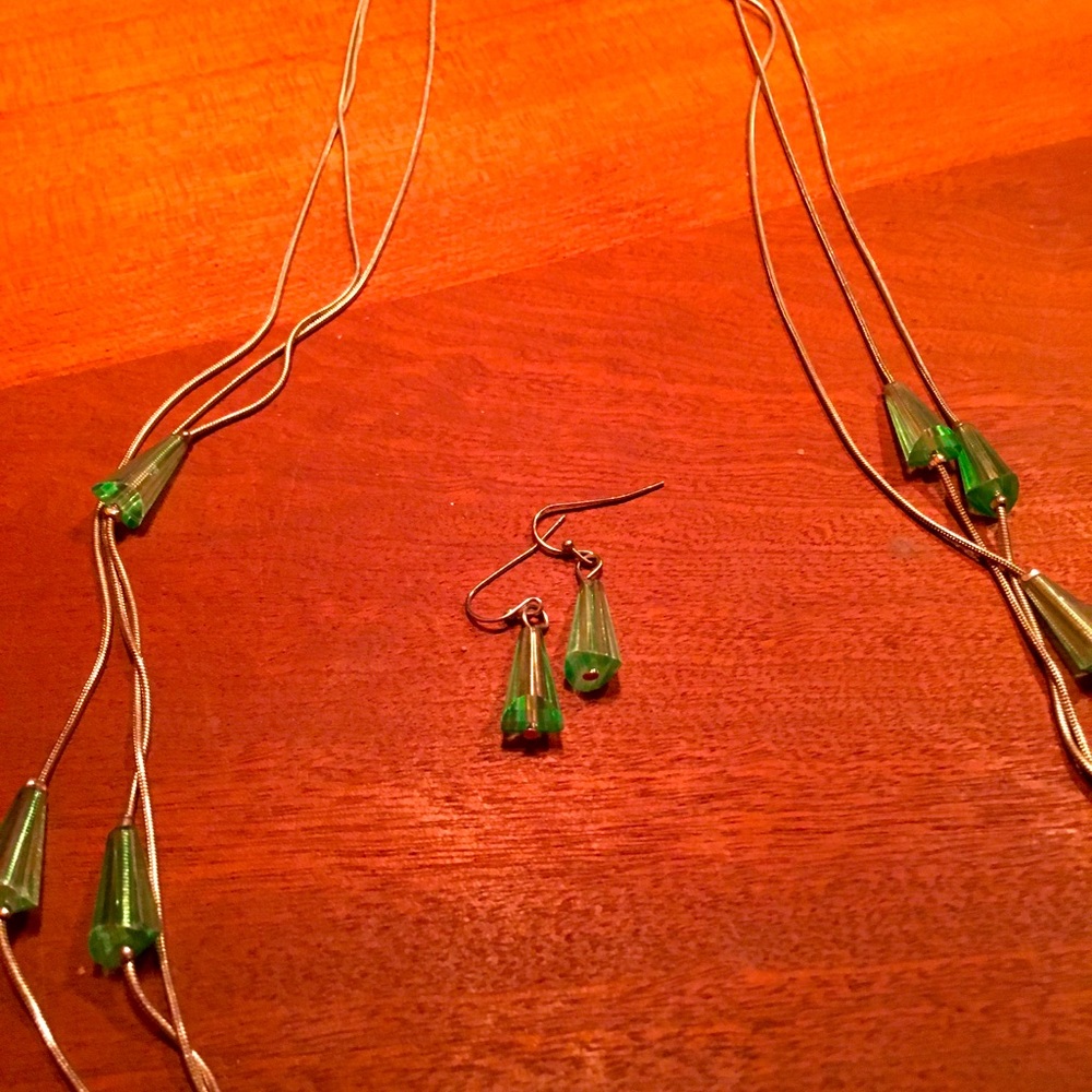 Charming Charlie green beaded and silver necklace with matching earrings
